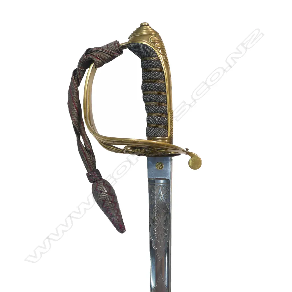 Pattern 1845–1850 Infantry Officer’s Sword. c.1860, 32 ½" blade  nicely etched with crowned Victoria R cypher and proof disc (possibly that of Frederick Boreman) Image 1++