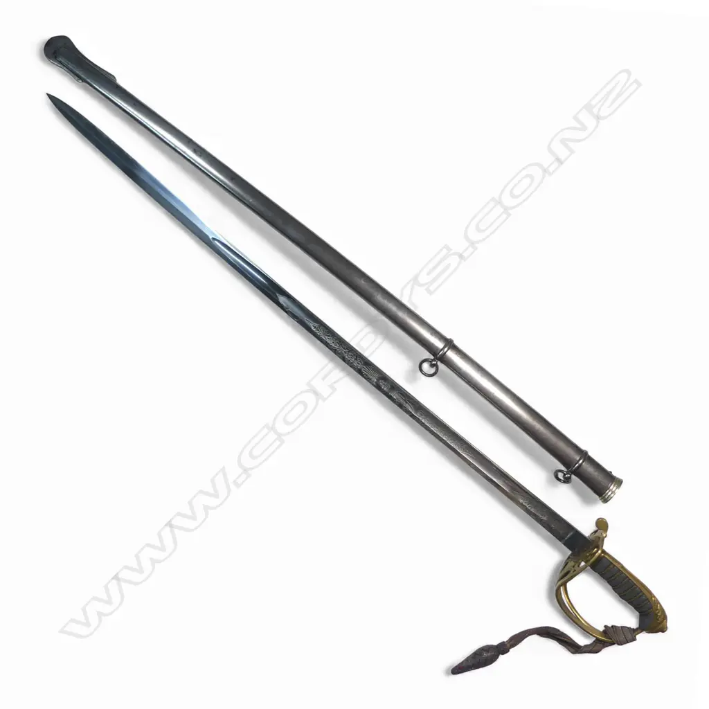 Pattern 1845–1850 Infantry Officer’s Sword. c.1860, 32 ½" blade  nicely etched with crowned Victoria R cypher and proof disc (possibly that of Frederick Boreman) Image 1++