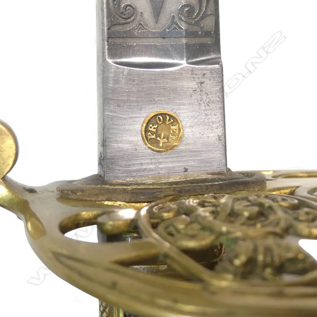 Pattern 1845–1850 Infantry Officer’s Sword. c.1860, 32 ½" blade  nicely etched with crowned Victoria R cypher and proof disc (possibly that of Frederick Boreman) Image 1++