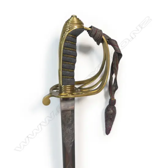 Pattern 1845–1850 Infantry Officer’s Sword. c.1860, 32 ½" blade  nicely etched with crowned Victoria R cypher and proof disc (possibly that of Frederick Boreman)