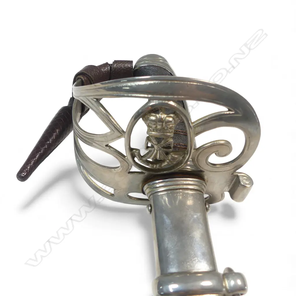 1827 Pattern Australian Volunteer Rifle Officers Sword. 32"  slightly curved flat-back blade marked at the ricasso 'C.R. Martin Melbourne', late 19thC. Image 1++