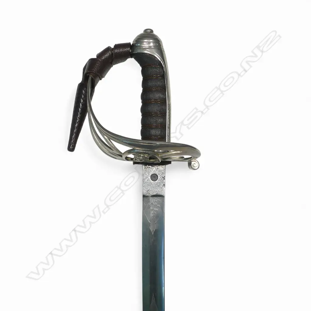 1827 Pattern Australian Volunteer Rifle Officers Sword. 32"  slightly curved flat-back blade marked at the ricasso 'C.R. Martin Melbourne', late 19thC. Image 1++