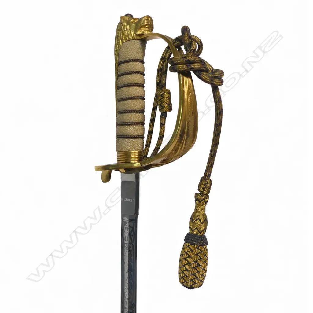 1827 Pattern British Naval Officers Sword. 30 ½" flat-back blade marked at the ricasso "J Starkey Ltd'. Image 1++
