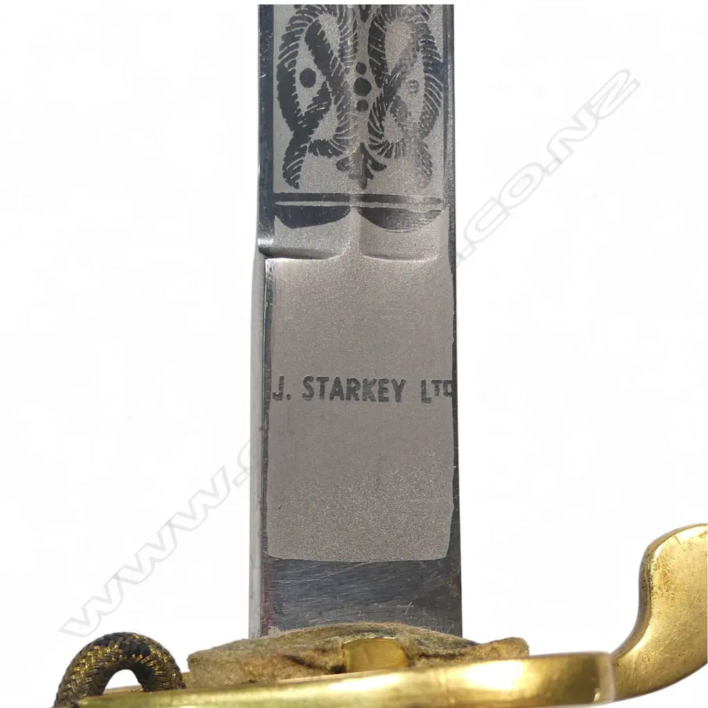1827 Pattern British Naval Officers Sword. 30 ½" flat-back blade marked at the ricasso "J Starkey Ltd'. Image 1++