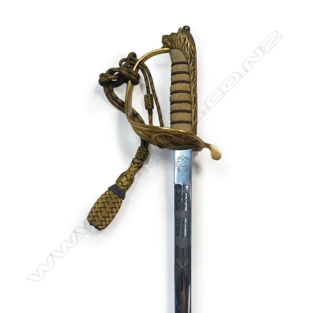 1827 Pattern British Naval Officers Sword. 30 ½" flat-back blade marked at the ricasso "J Starkey Ltd'. Image 1++