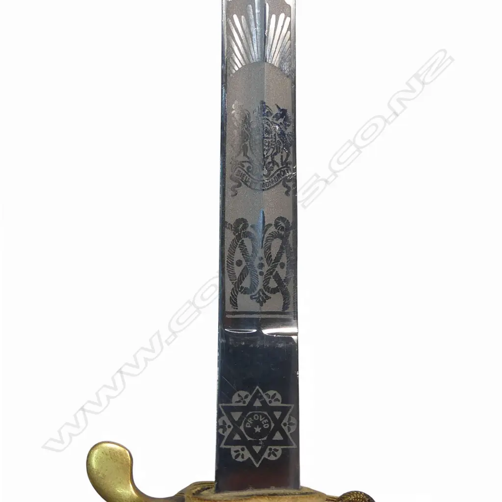 1827 Pattern British Naval Officers Sword. 30 ½" flat-back blade marked at the ricasso "J Starkey Ltd'. Image 1++