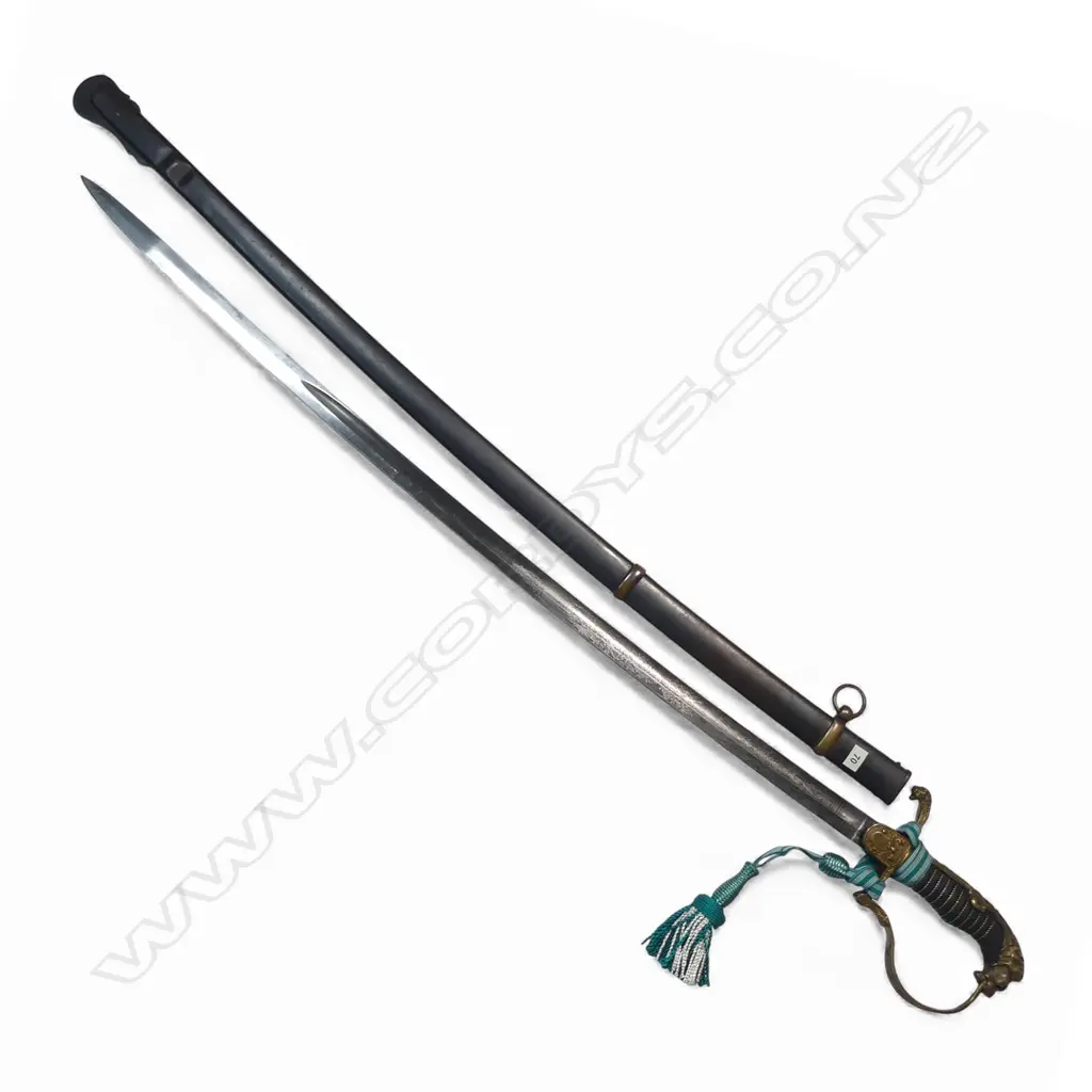 Pattern 1888 Prussian Officers Sword c.1912. 32" slightly curved flat-back blade with single fullers, profusely etched both sides with military trophy groups. Image 1++