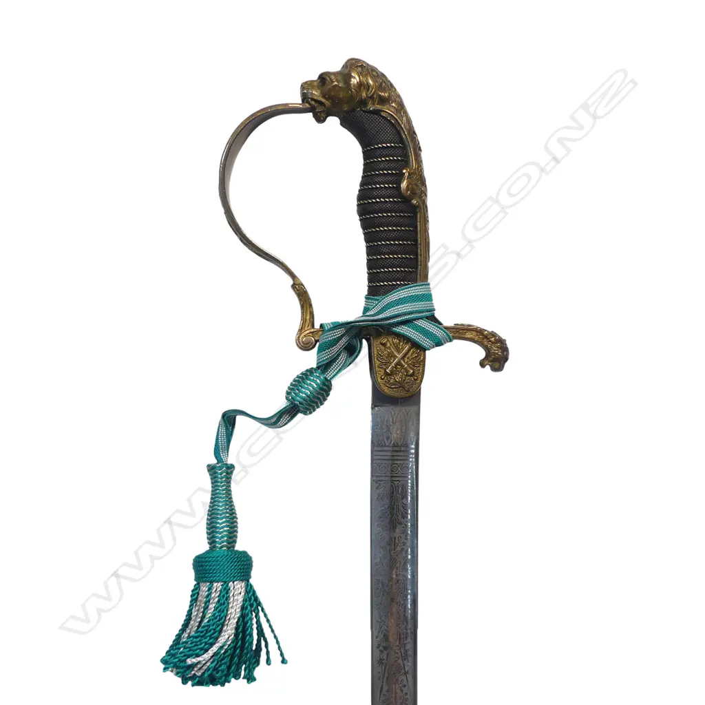 Pattern 1888 Prussian Officers Sword c.1912. 32" slightly curved flat-back blade with single fullers, profusely etched both sides with military trophy groups. Image 1++