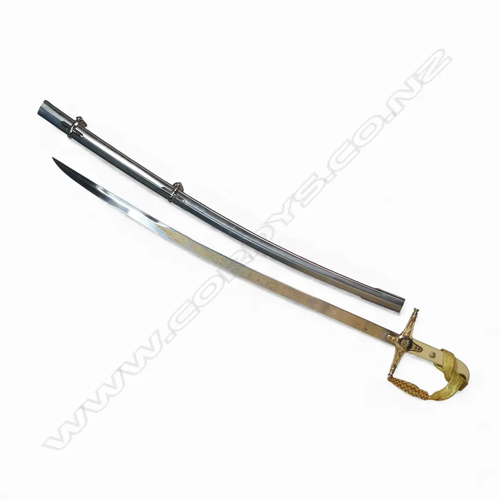 1831 Pattern Mameluke Sword replica with Wilkinson Sword etching. 31" unsharpened blade etched with the coat of arms of Malaysia on both sides Image 1++