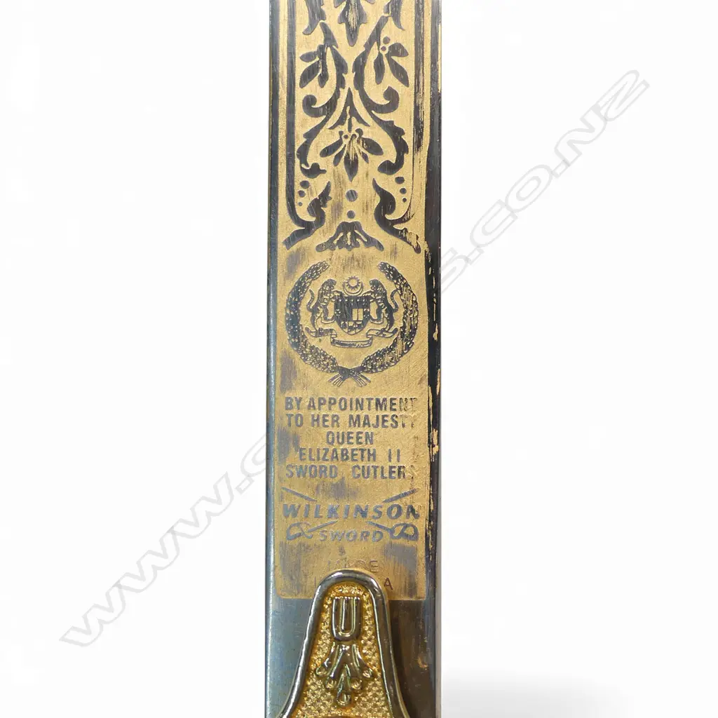 1831 Pattern Mameluke Sword replica with Wilkinson Sword etching. 31" unsharpened blade etched with the coat of arms of Malaysia on both sides Image 1++