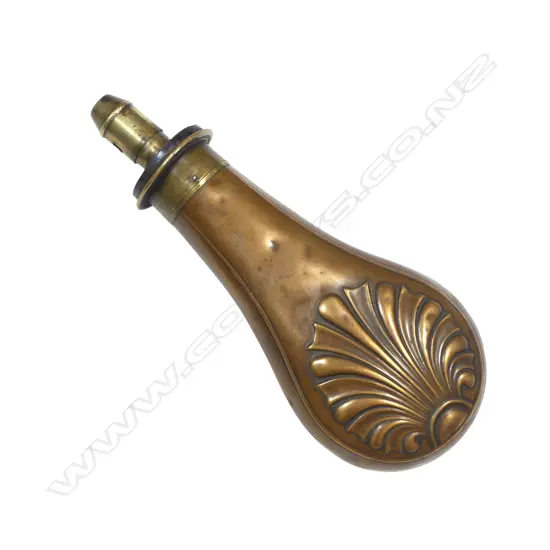 Victorian Dixon & Son Patent copper and brass powder flask of bag shape with graduated dispenser nozzle decorated with a moulded anthemion design.