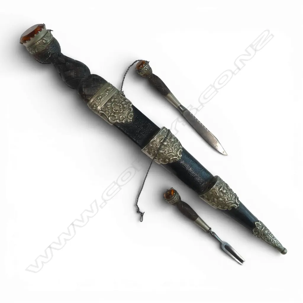 Antique Scottish Dirk with companion knife and fork in black leather scabbard with white metal fittings, Image 1++