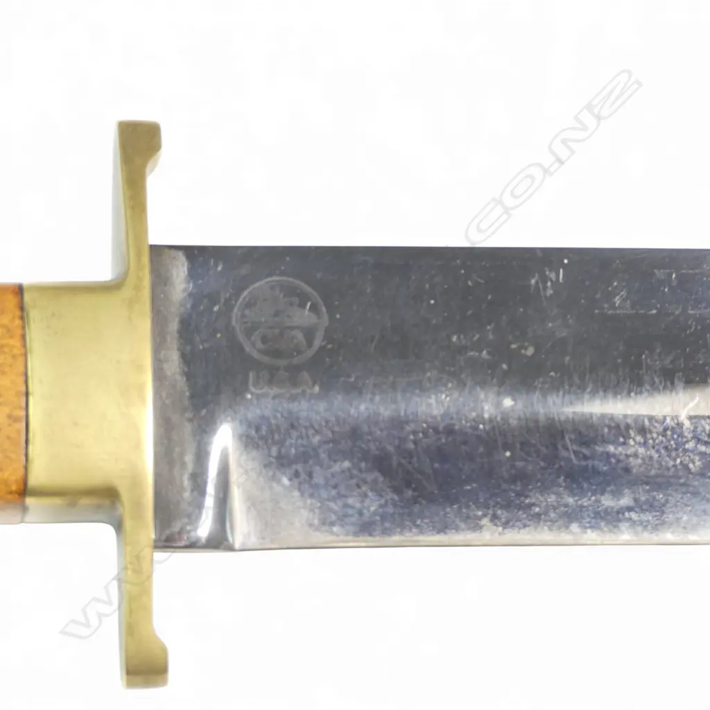 Connecticut Valley Arms (CVA US) clip-point Bowie knife with leather thong stitched scabbard (owners initials stamped), Image 1++