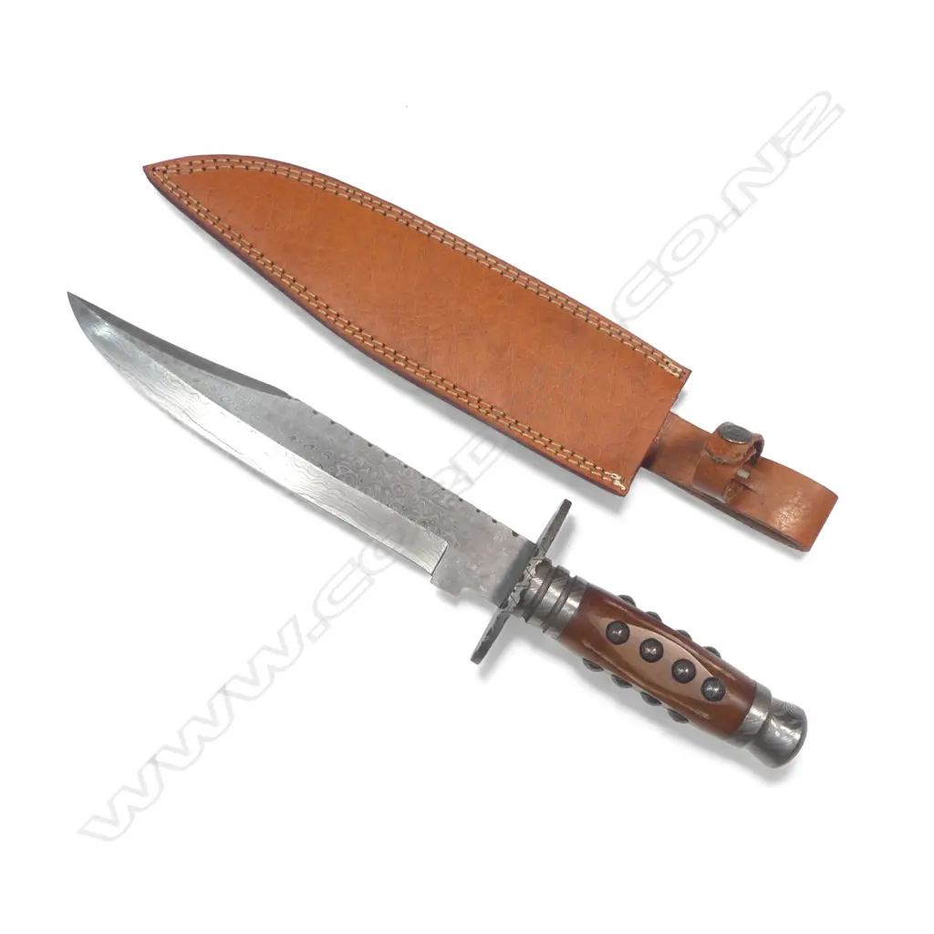 Very Large Bowie Knife with 10" Damascus clip-point blade and Damascus fittings to the swollen cylindrical wooden handle, Image 1++