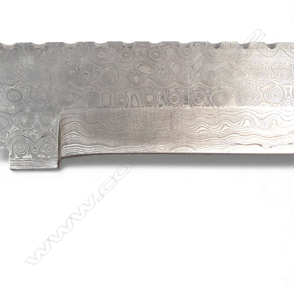 Very Large Bowie Knife with 10" Damascus clip-point blade and Damascus fittings to the swollen cylindrical wooden handle, Image 1++