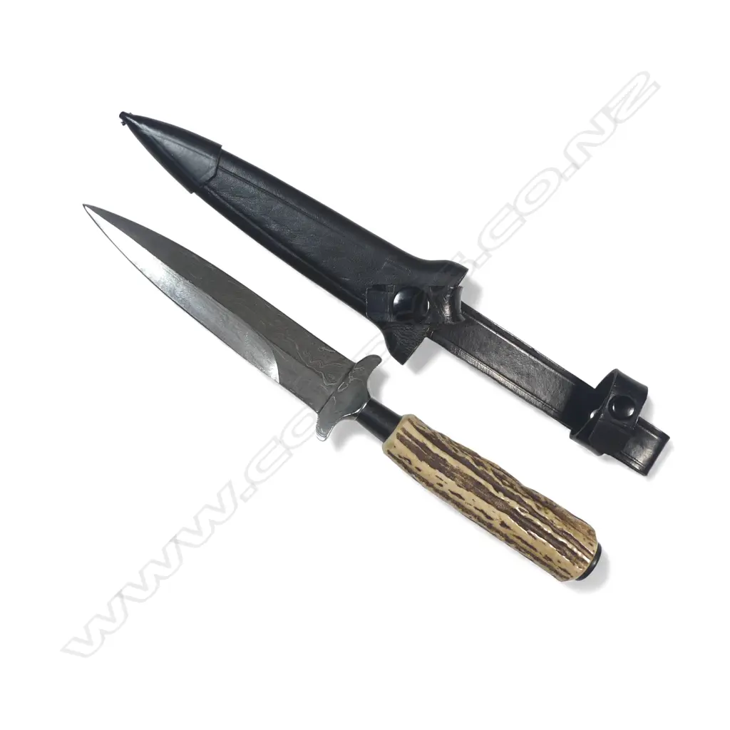 Pete Kershaw (USA) Dagger with Solingen Germany 5" double edged Damascus blade (probably by Manfred Sachse at Wingen) c.1985, Image 1++