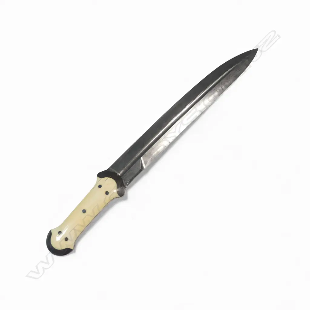 Large double-edged fine-Damascus steel knife of kindjal influenced design with ivory scales, Image 1++