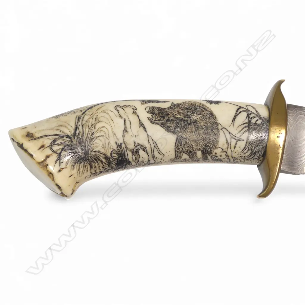 Damascus recurve-bladed hunting knife by Brian McDonald Taupō with scrimshaw antler handle by Chris Short, Image 1++