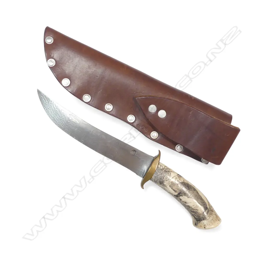 Damascus recurve-bladed hunting knife by Brian McDonald Taupō with scrimshaw antler handle by Chris Short, Image 1++