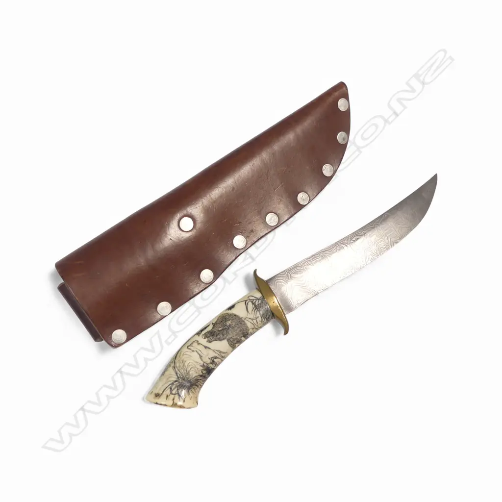 Damascus recurve-bladed hunting knife by Brian McDonald Taupō with scrimshaw antler handle by Chris Short, Image 1++