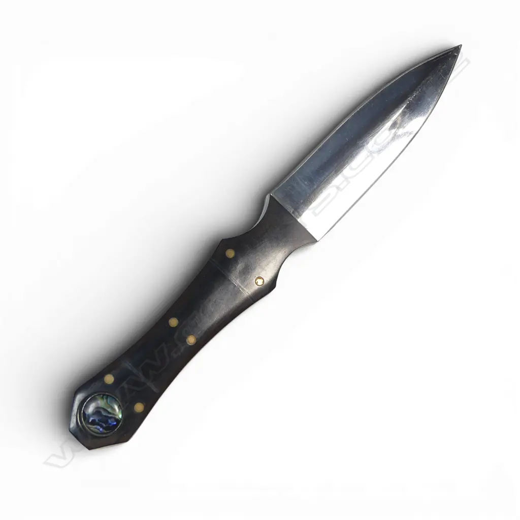 Double Edged Boot Knife with dark brown micarta scales with brass rivets and abalone (paua) rondels, Image 1++