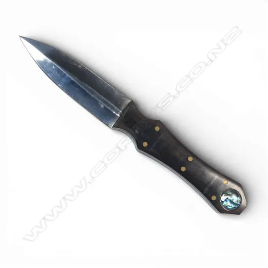 Double Edged Boot Knife with dark brown micarta scales with brass rivets and abalone (paua) rondels,