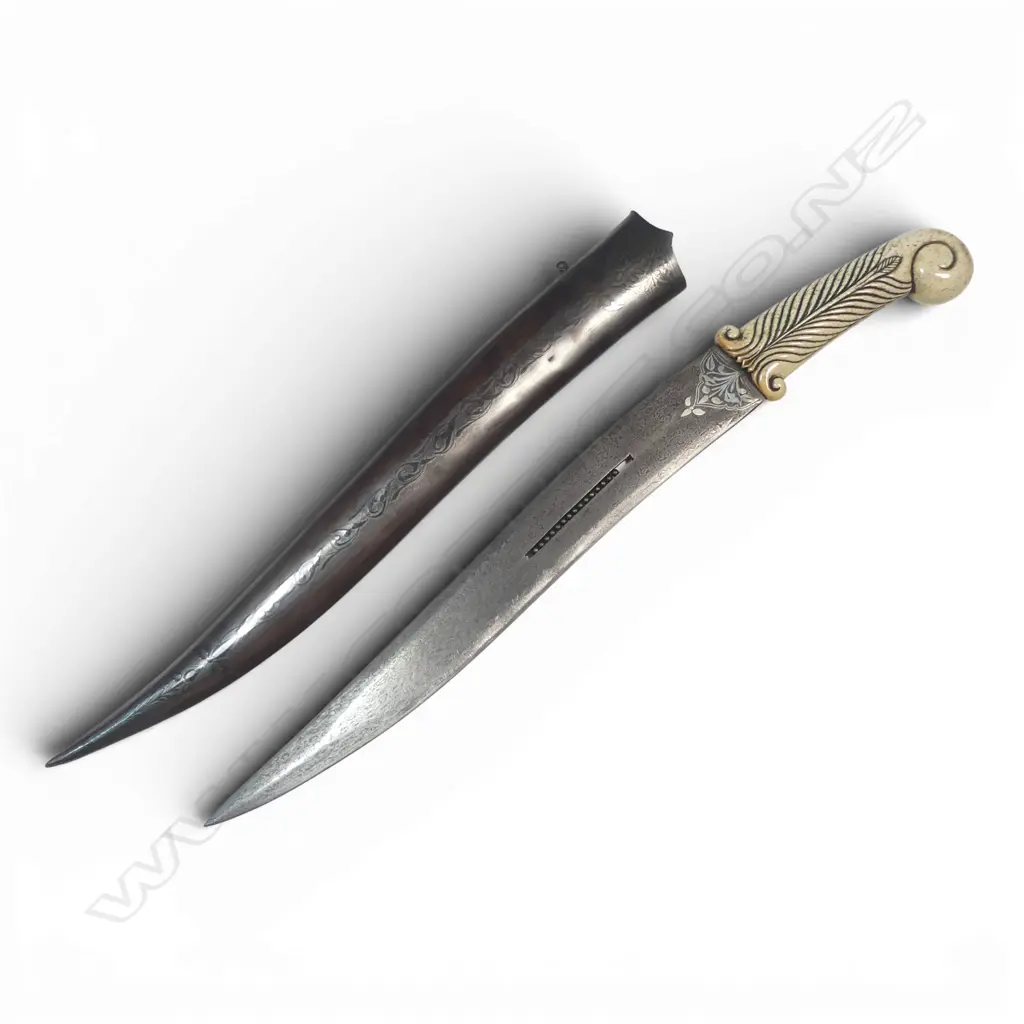 Indo–Persian Khanjar Dagger with Damascus steel (wootz) 13" recurve blade pierced with a 2¾" slot containing 15 captured small steel balls (Tears of the Wounded/Tears of the Afflicted), Image 1++