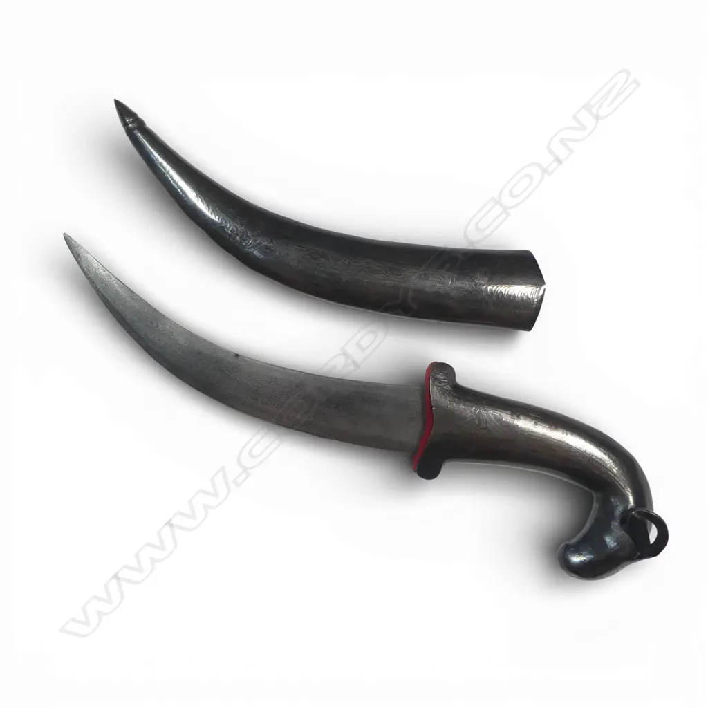 Indo-Persian Jambaiya Dagger, metal scabbard and Mughal style ram's head hilt with silver koftgari, Image 1++