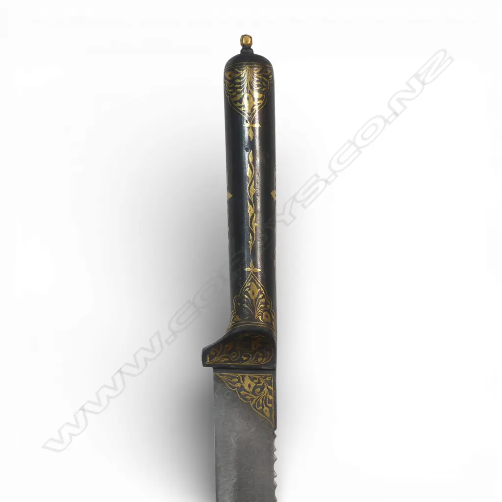 Indo-Persian Knife with straight unfullered Damascus blade with serrations to ¾ of blade back, Image 1++