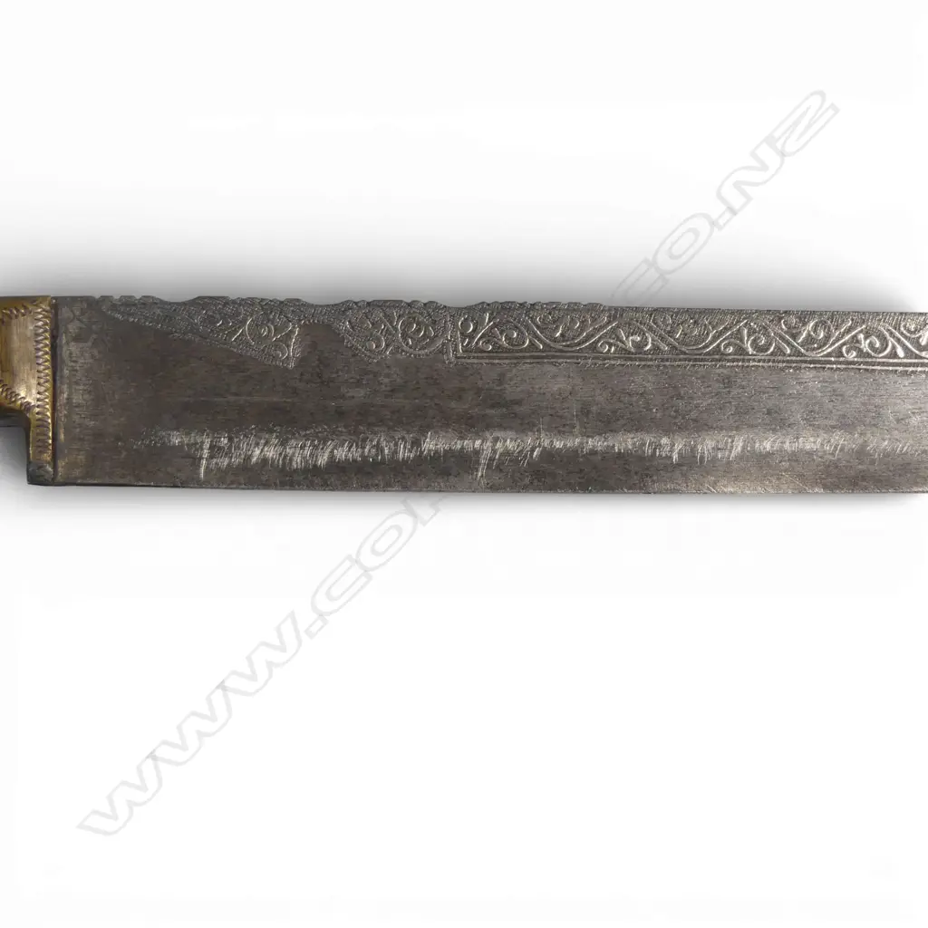 Ivory hilted Ottoman Kandjar Dagger with straight single-edged 10” unfullered blade that has two sections of serrations to back edge and silver inlay both sides, one of Arabic script, Image 1++