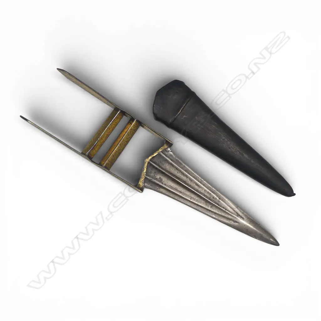 An Indian katar (punch dagger) with H-form handle with twin cross-bars decorated with gold koftgari of leaves and vines, Image 1++