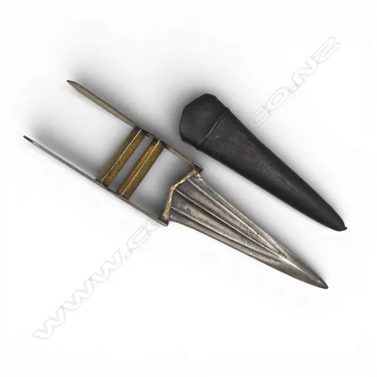 An Indian katar (punch dagger) with H-form handle with twin cross-bars decorated with gold koftgari of leaves and vines,