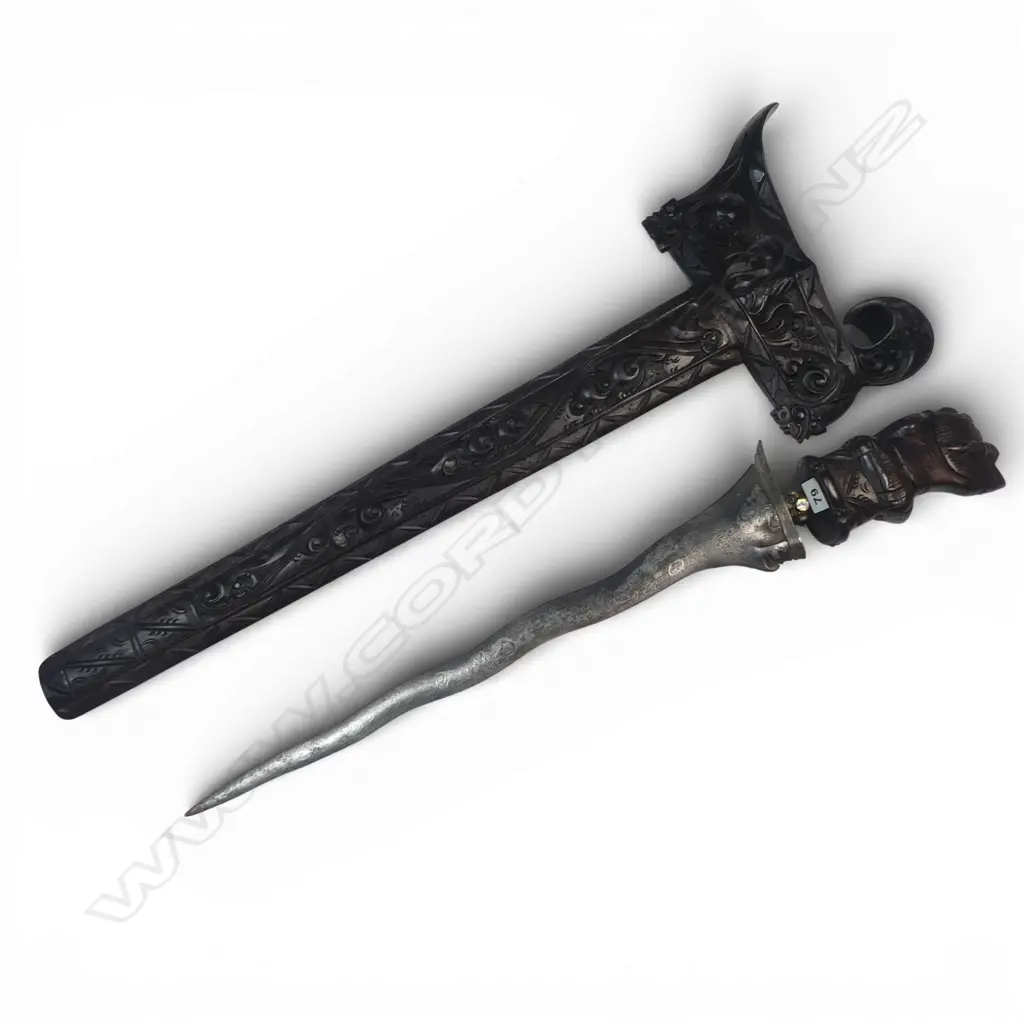 Indonesian Kris (Balinese) with demon carved wooden hilt, the ferrule set with glass beads, Image 1++