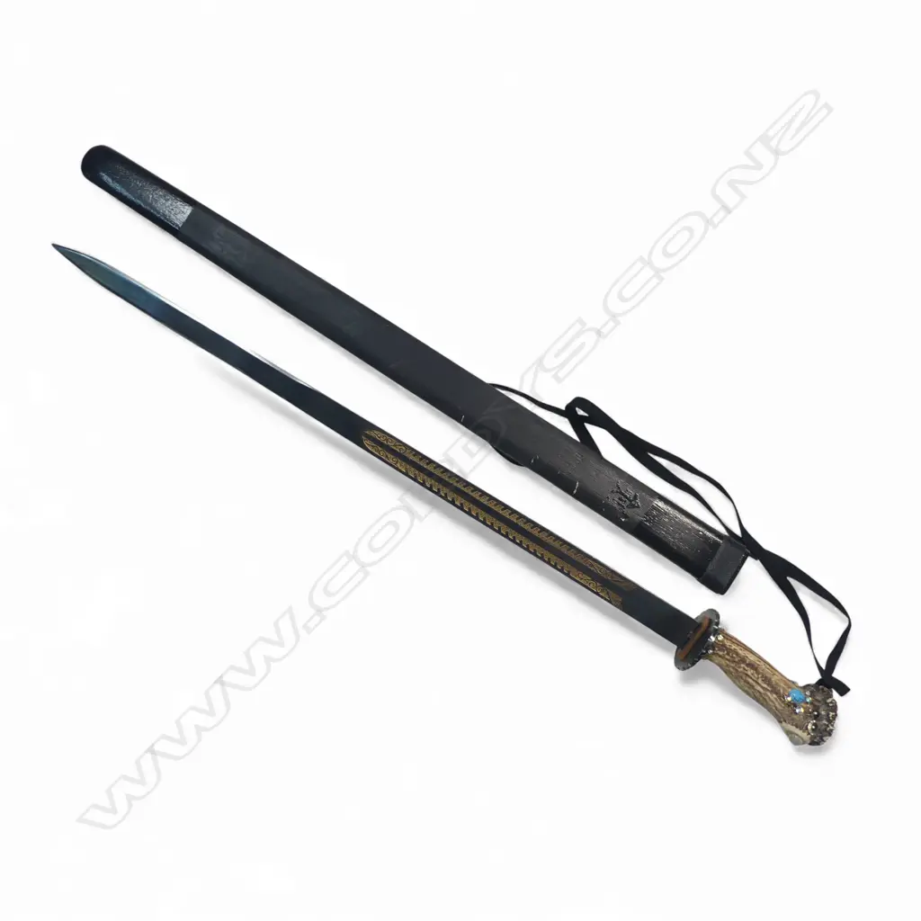 Antler handled spear point sword  28¾" unfullered blade with heavily etched pattern highlighted with gilding, Image 1++