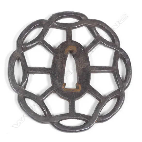 Japanese iron tsuba sword guard, in the shape of two interwoven “squares”,