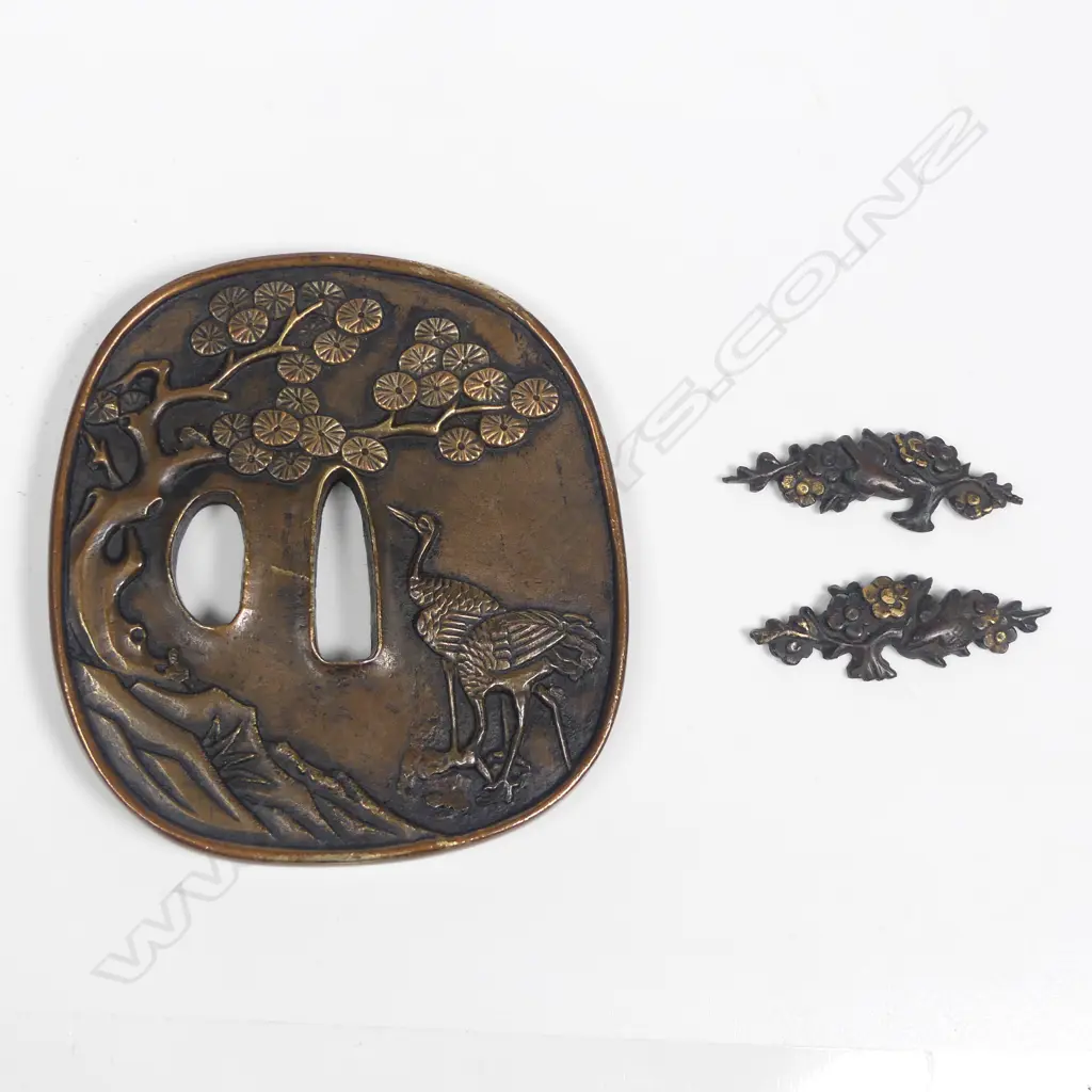 Copper Japanese Tsuba sword guard, rounded square shape, Image 1++