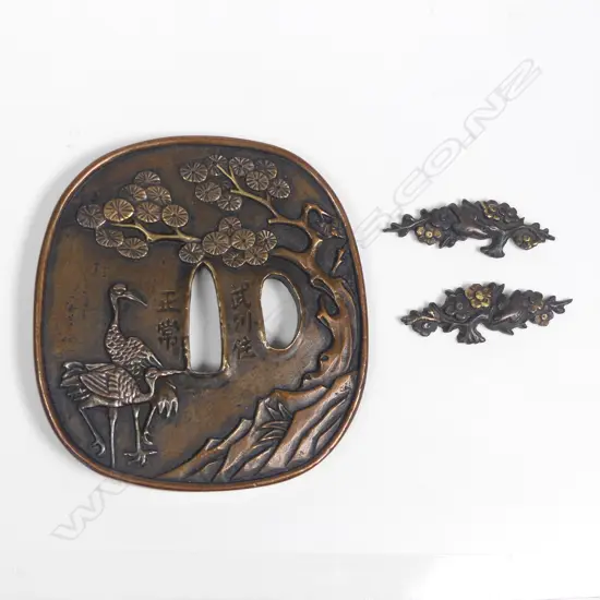 Copper Japanese Tsuba sword guard, rounded square shape,