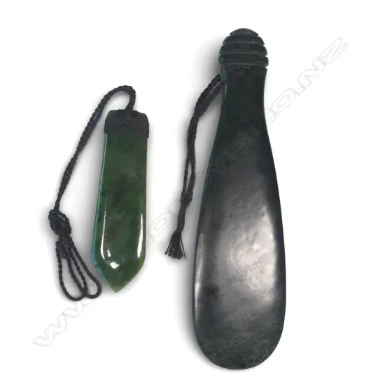 A contemporary mere pounamu of traditional spatula shape,