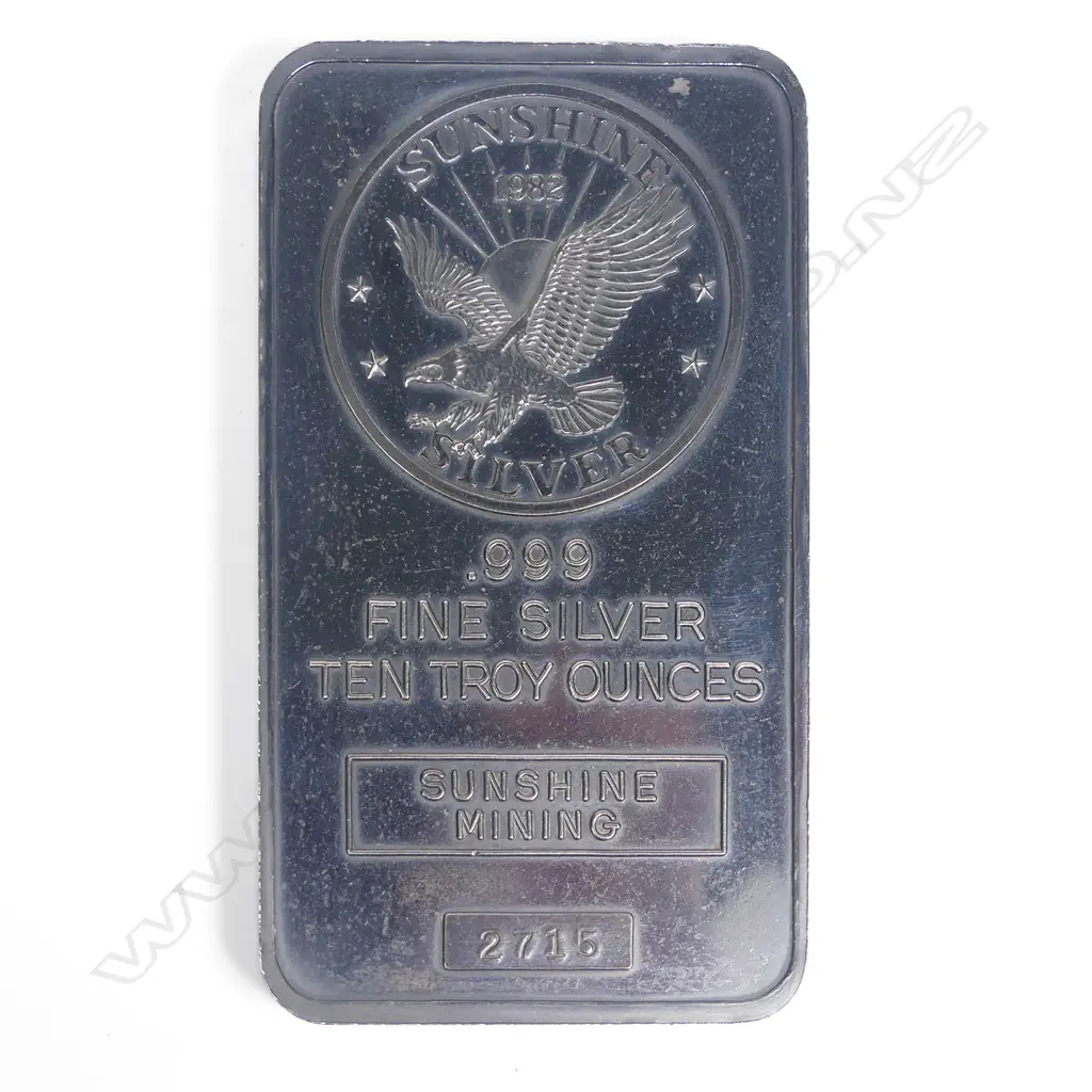 .999 Fine Silver 10 Troy Ounces 1982 Sunshine Mining Bullion Ingot #2715, Image 1++
