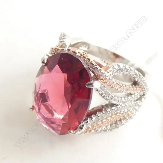 FANCY SILVER RING SET WITH CZ & RED STONE