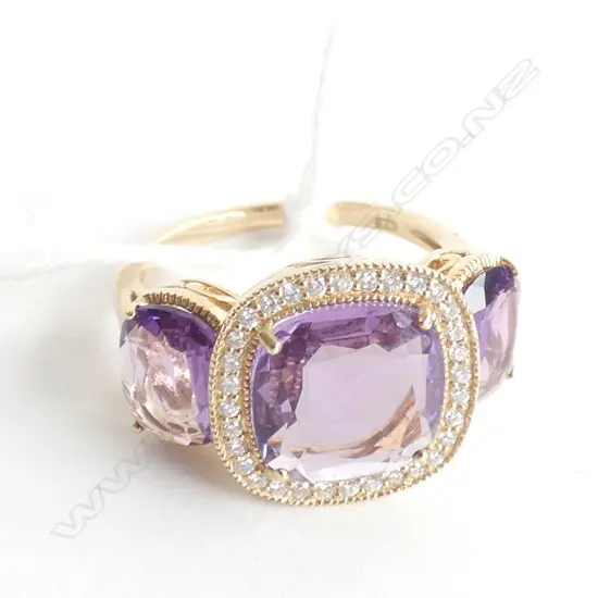 9CT 3 STONE AMETHYST & DIAMOND RING