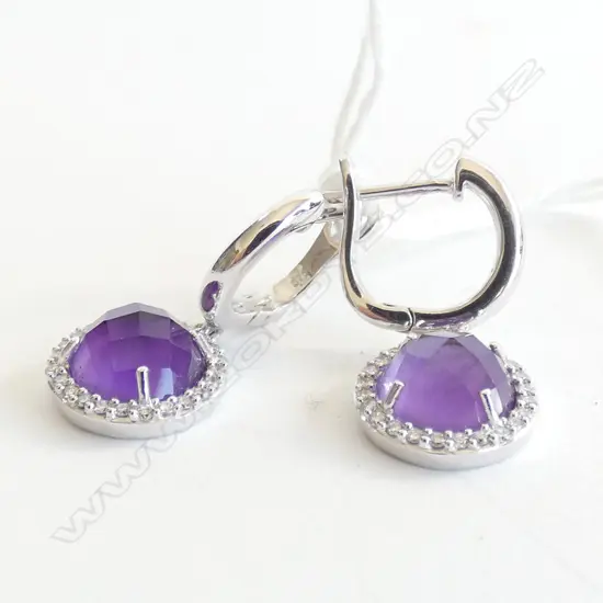 PR 9CT WHITE GOLD DIAMOND  & PURPLE STONE EARRINGS