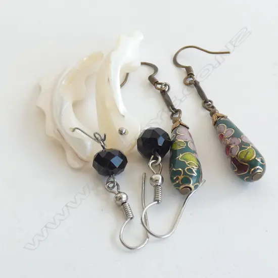 2 PRS DROP EARRINGS; CLOISONNE & MOP