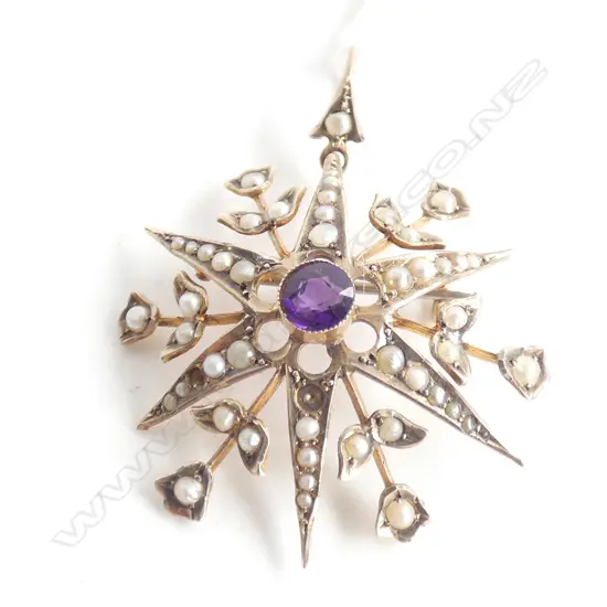 9CT EDWARDIAN STARBUST PENDANT SEED PEARL & PURPLE STONE 2.5 GRAMS