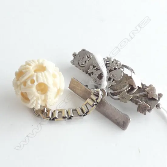 2 STG SILVER BROOCHES; ONE w. PUZZLE BALL