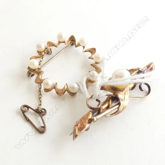 9CT GOLD AND PEARL BROOCH PLUS ONE OTHER