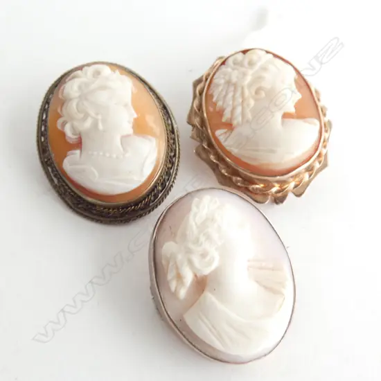 3 CAMEO BROOCHES; 1 9CT