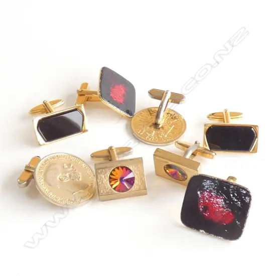 4 PRS VINTAGE CUFFLINKS; GOLD COIN, ONYX, RHINESTONE & ENAMEL