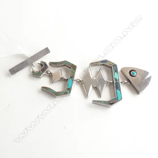 MEXICO 925 SILVER & TURQUOISE FISH BROOCH L.110mm 29 GRAMS