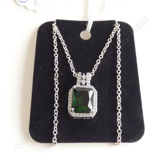 SILVER FAUX EMERALD & CZ PENDANT ON CHAIN